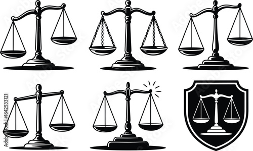 Collection of scales of justice symbols in various styles Keywords: scales of justice, law