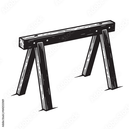 Hand drawn illustration of a rustic wooden sawhorse for construction or woodworking projects
