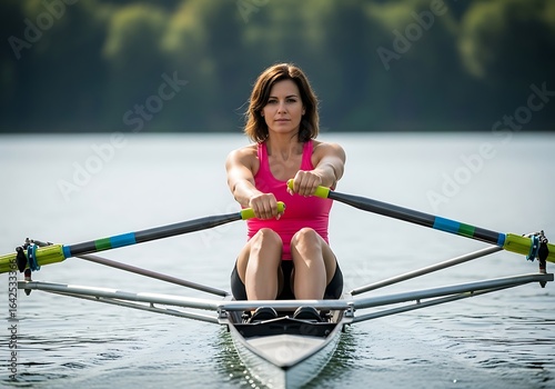 Woman rowing scull boat on water, focused athlete training for sport and fitness. Determined female demonstrating strength and healthy lifestyle.