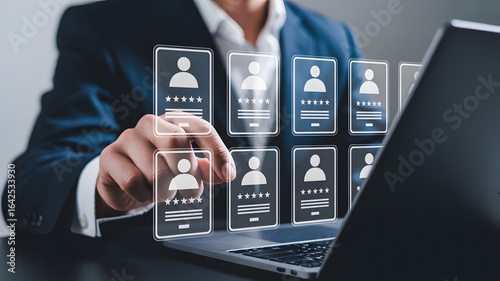 Select top talent choosing best candidate from digital profile cards for hiring