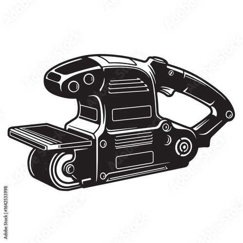 Illustrated black and white image of a belt sander power tool for woodworking projects