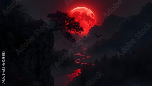 Ultradetailed Dark Fantasy Landscape with a Red Moon and Misty River at Night