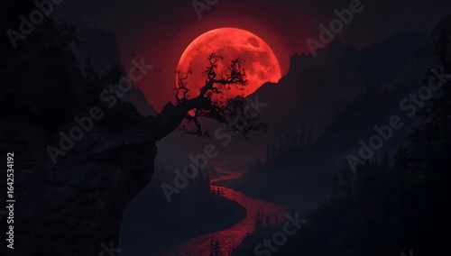Ultradetailed Dark Fantasy Landscape with Blood Red Moon and River Under Starry Night Sky