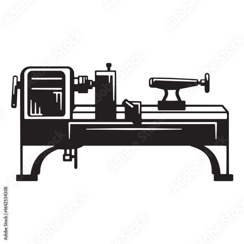 Minimalist black and white illustration of a wood lathe machine for woodworking projects
