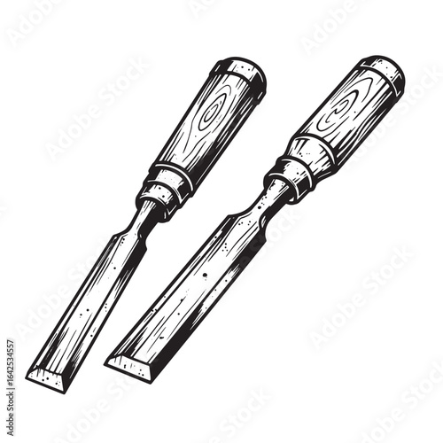 Two detailed black and white wood chisels woodworking tools design illustration