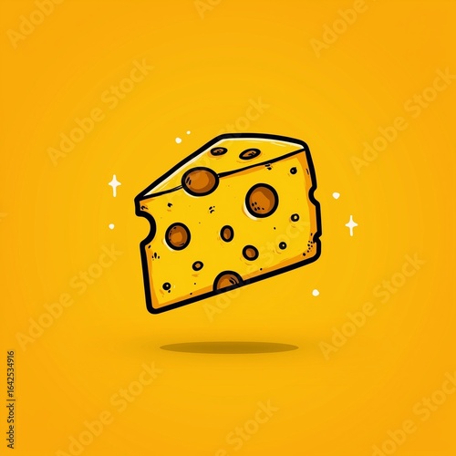 Minimalistic cartoon-style cheese icon vector illustration, flat design with clean lines, solid yellow background, no shadows or gradients, perfect for stickers or digital graphics.