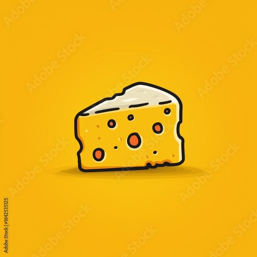 Minimalistic cartoon-style cheese icon vector illustration, flat design with clean lines, solid yellow background, no shadows or gradients, perfect for stickers or digital graphics.