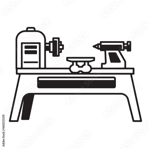 Vector illustration of a woodworking lathe machine used for shaping wooden objects in a workshop