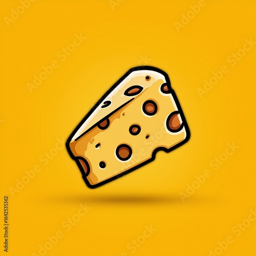Minimalistic cartoon-style cheese icon vector illustration, flat design with clean lines, solid yellow background, no shadows or gradients, perfect for stickers or digital graphics.