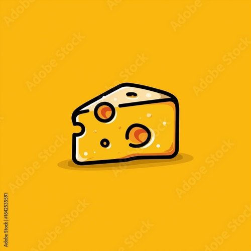 Minimalistic cartoon-style cheese icon vector illustration, flat design with clean lines, solid yellow background, no shadows or gradients, perfect for stickers or digital graphics.