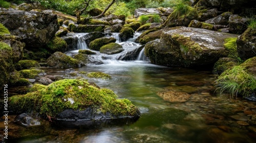 Tranquil stream flowing through mossy rocks