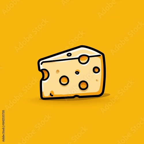Minimalistic cartoon-style cheese icon vector illustration, flat design with clean lines, solid yellow background, no shadows or gradients, perfect for stickers or digital graphics.