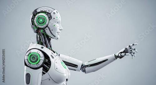 Side view of a humanoid robot with white plating and green glowing accents pointing its finger out