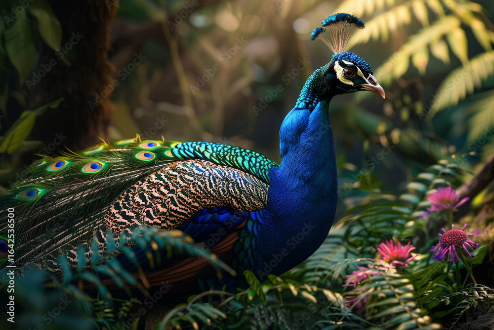 Obraz premium Peacock with Shimmering Iridescent Feathers in Lush Woodland