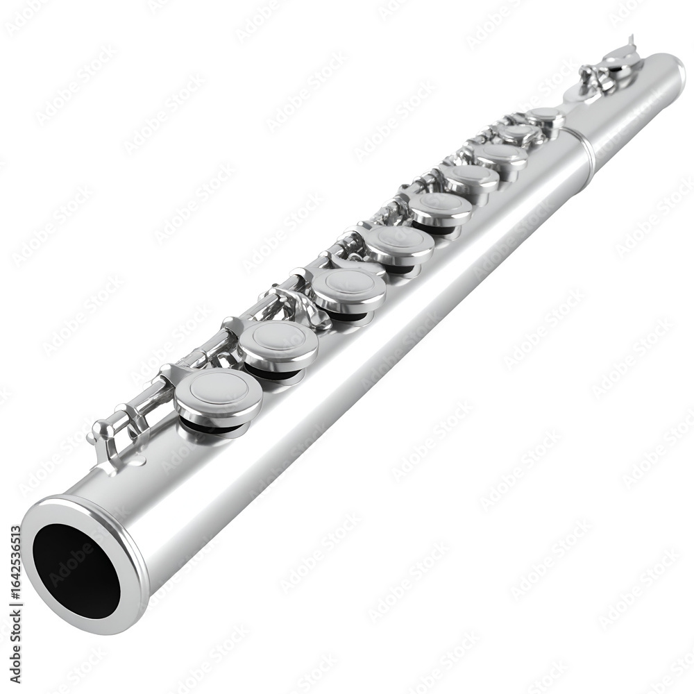Naklejka premium Silver wind instrument isolated on black background showcasing detailed texture and design for musical or educational projects