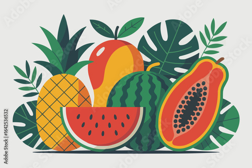 Colorful arrangement of fresh tropical fruits and leaves