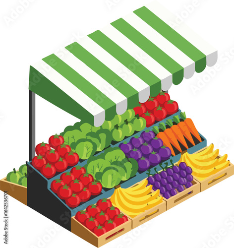 Fruit  vegetable stand with striped awning featuring tomatoes lettuce grapes carrots bananas  green gourds