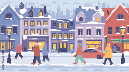 Colorful buildings and people on a snowy street winter