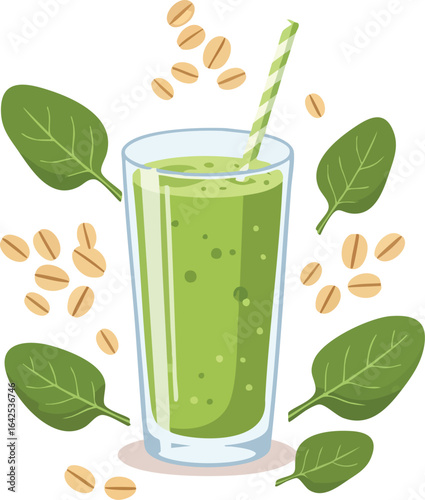 Green smoothie in a glass with a striped straw spinach leaves and scattered oat groats around it