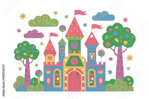 Colorful cartoon fairytale castle with trees and clouds