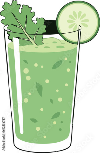 Green smoothie in glass garnished with kale leaf and cucumber slice