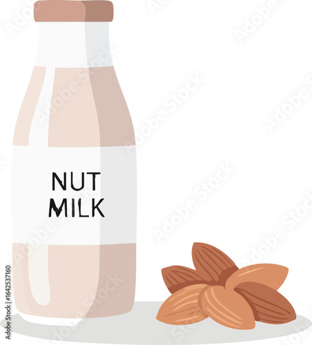 Illustration of nut milk bottle with nuts