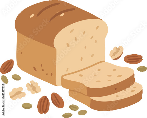 Loaf of bread with 2 slices cut and several nuts spread around it