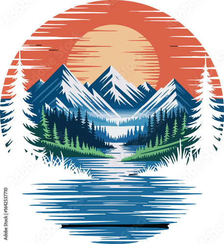 Mountains forest river and sunset in a circular design