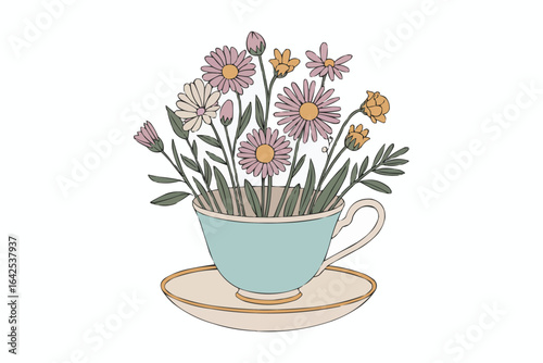 Delicate daisies and wildflowers in a teacup on a saucer