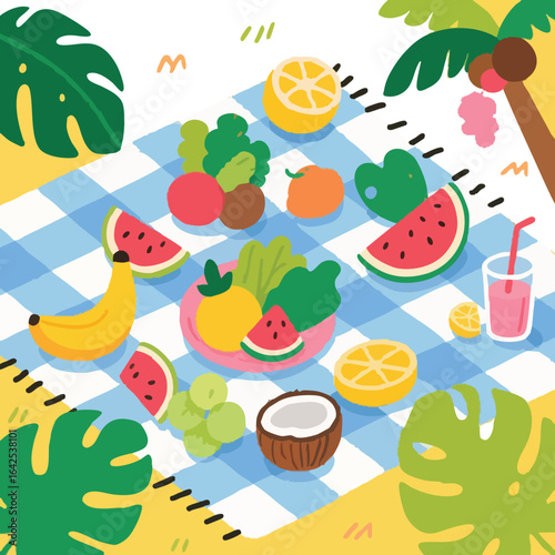 Picnic scene on a blue checkered cloth with fruit drink coconut leafy plants and a partial tree