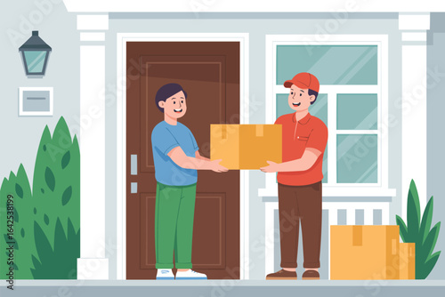 Delivery person handing package to customer at door