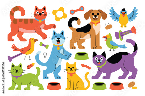 Diverse cartoon pets and toys in playful arrangement
