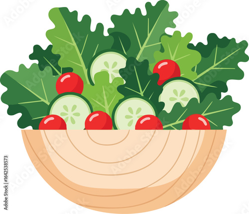 Salad in a wooden bowl with greens tomatoes and cucumber slices