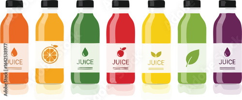 Seven juice bottles each a different color and labeled JUICE with a unique fruit or leaf icon