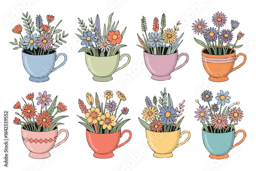 Eight Cups With Colorful Spring Flower Arrangements
