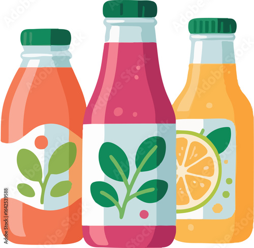 Three juice bottles each labeled filled with orange pink and orange fruit juice