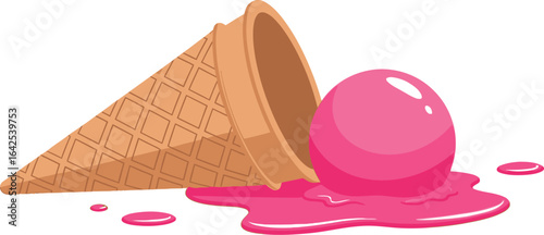 Cartoon of a Melted Pink Ice Cream, Fallen from a Cone, on a Plain Surface