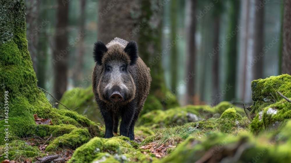 Obraz premium Wild boar in mossy forest
