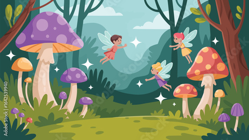 Fairies interacting in a mystical forest with large mushrooms