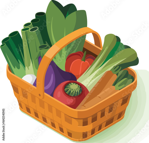 Woven basket filled with assorted vegetables leeks lettuce pepper eggplant beet carrots and garlic