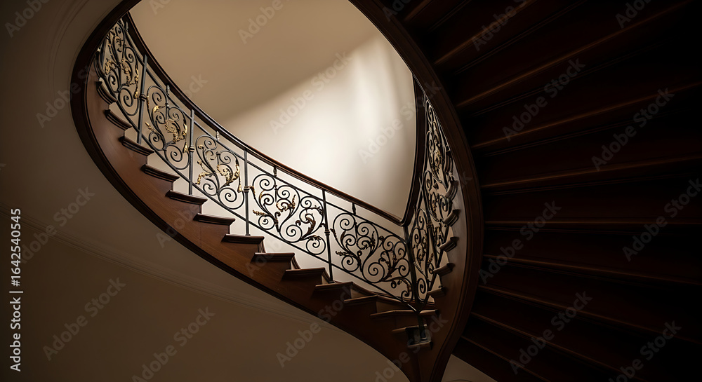 Obraz premium Elegant Spiral Staircase with Ornate Metal Railing Ascending Towards Softly Lit Upper Level Luxury Interior Design