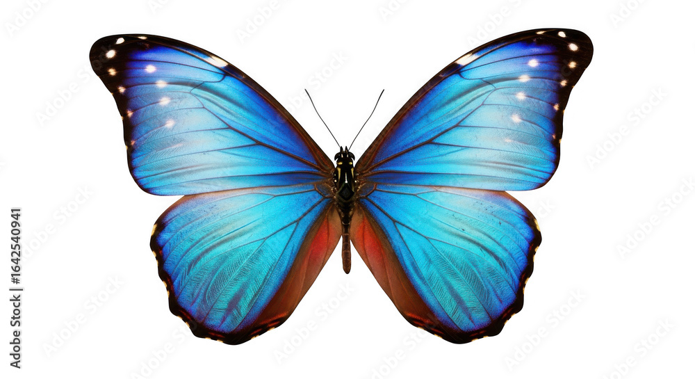 Fototapeta premium Stunning blue morpho butterfly with iridescent wings, isolated on a clean transparent background, showcasing intricate patterns and vibrant colors of nature