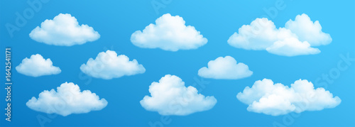 collection of realistic 3D white clouds, featuring fluffy cumulus shapes floating in a bright blue sky. Isolated cloud elements for summer, weather, and nature-themed designs.