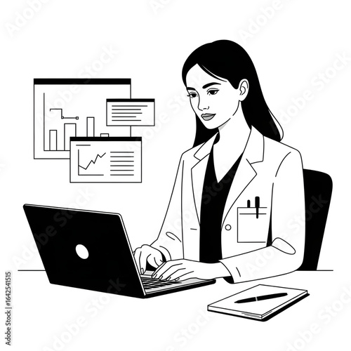 Line art of A doctor is analyzing all kinds of patient information on a laptop.
