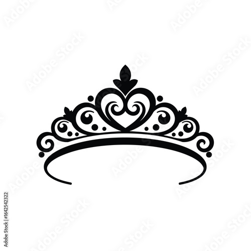 Vector illustration of Black ornate tiara with heart shape and swirls on white background crown princess