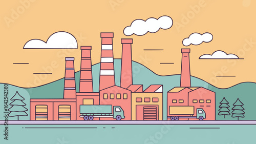 Industrial factory scene with trucks and smoke industry