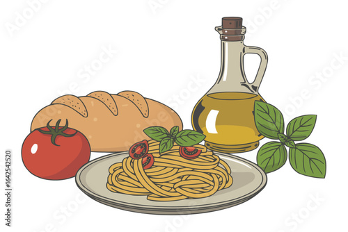 Italian Pasta Dish with Bread Olive Oil and Tomato