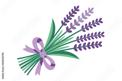 Lavender bouquet with purple ribbon angled on white background