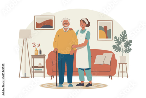 Nurse helping an elderly man with a cane in a room