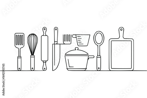 Outline of kitchen utensils and a pot on a white background